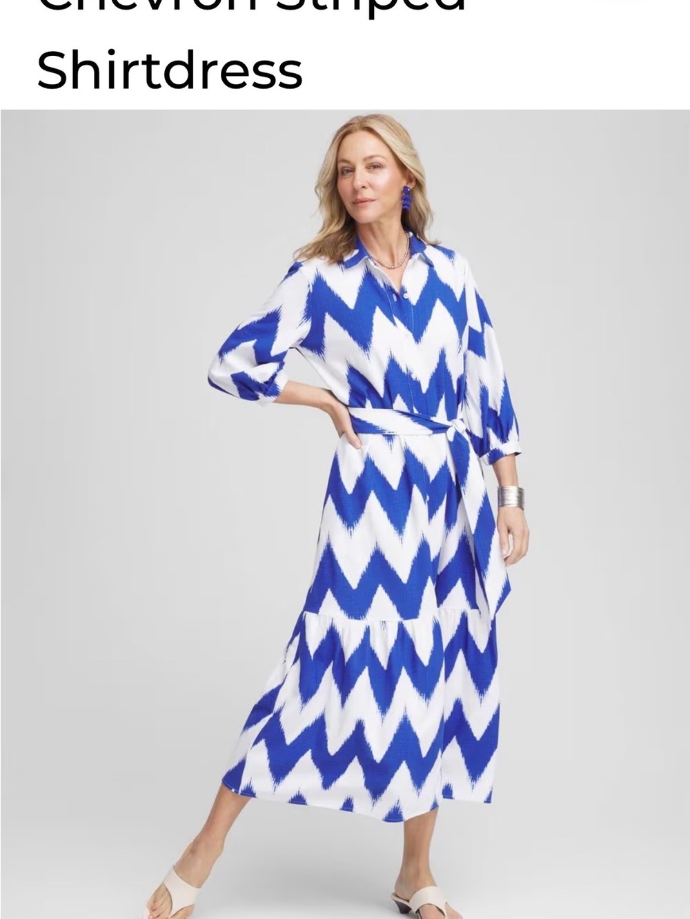 Chico's White and Bright Blue Chevron Shirtdress